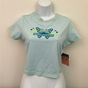 Balance Motion Short Sleeve Shirt Women’s L Blue Green Butterfly Good Energy